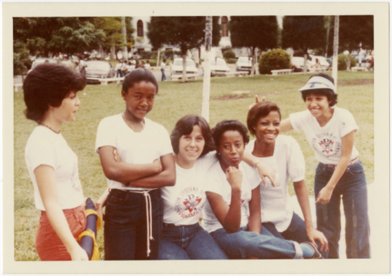 Group of six girls and women wearing t-shirts with a logo of the Asociacion Cristiana de Jovenes Panama.