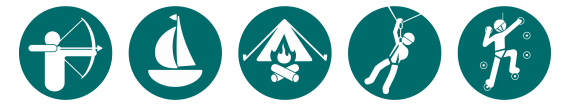 Icons of archery, sailing, camping, ziplining, and rock climbing