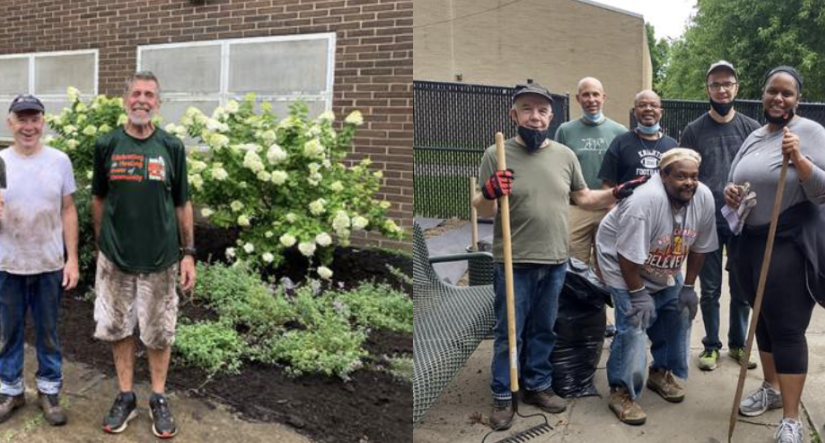 Y-Haven residents and staff working on the courtyard gardem