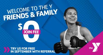 Flyer image with text: &quot;Welcome Friends and Family! Try us for free in September with referral, $0 Join Fee.&quot; Pictured: Woman in boxing gloves