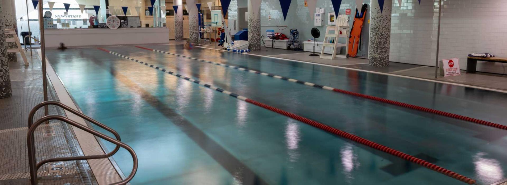 Image shows the Parker Hannifin YMCA pool with 3 lanes for swimming.